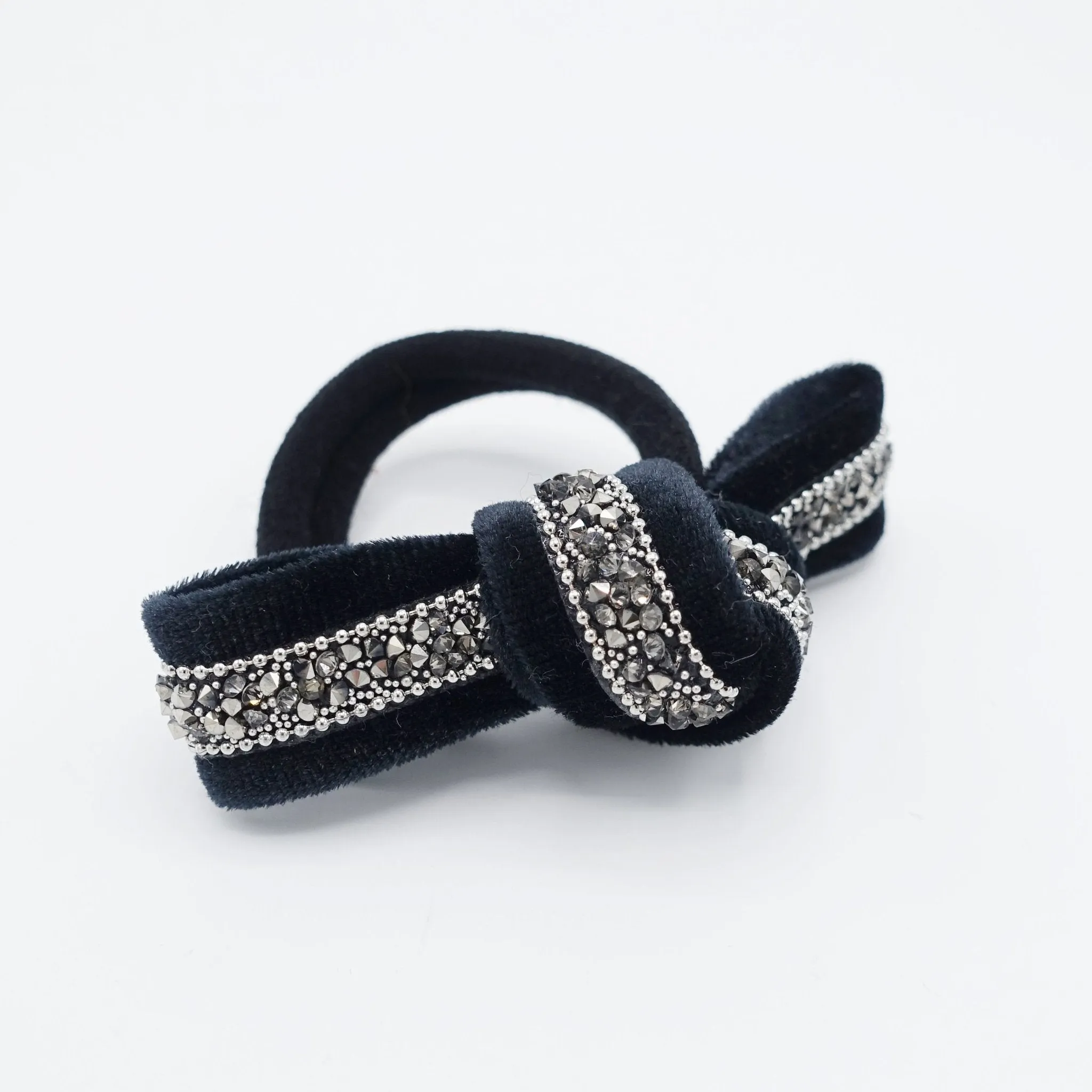 rhinestone embellished  velvet bow knot hair elastic ponytail holder women hair tie