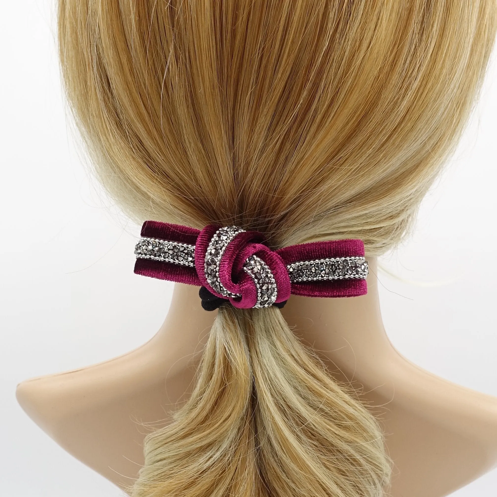 rhinestone embellished  velvet bow knot hair elastic ponytail holder women hair tie