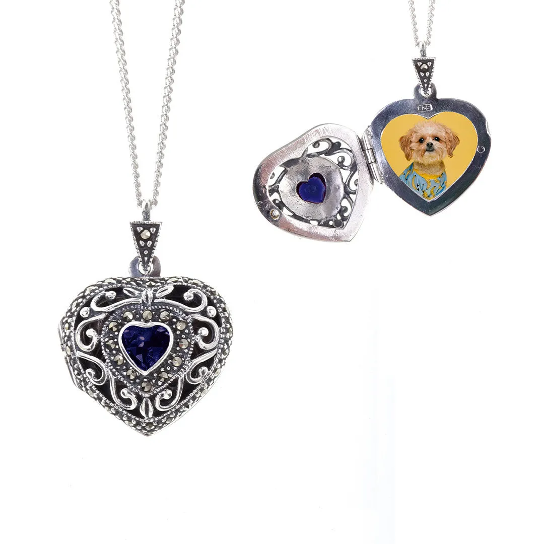 Sapphire Vintage Heart Locket | White Gold