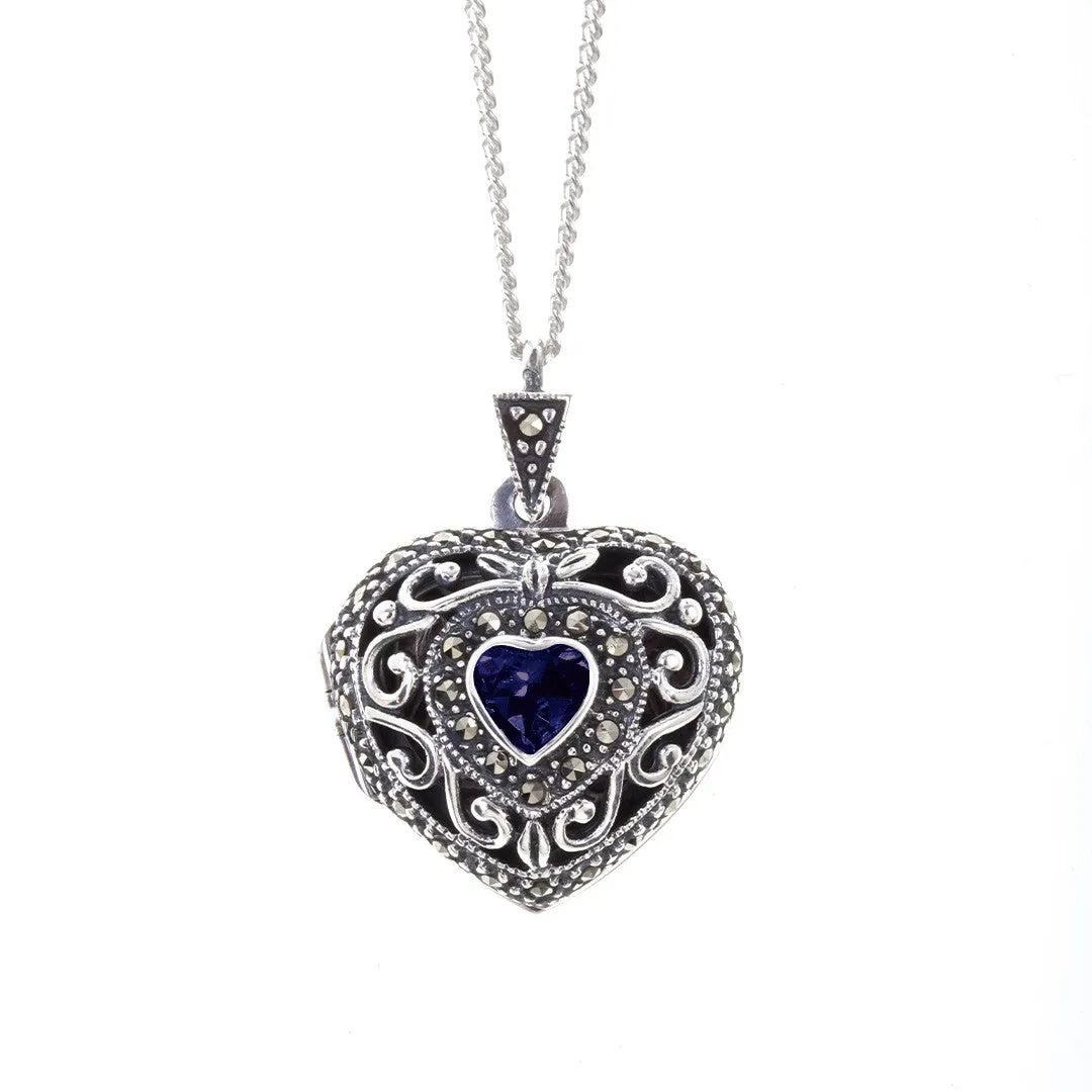 Sapphire Vintage Heart Locket | White Gold