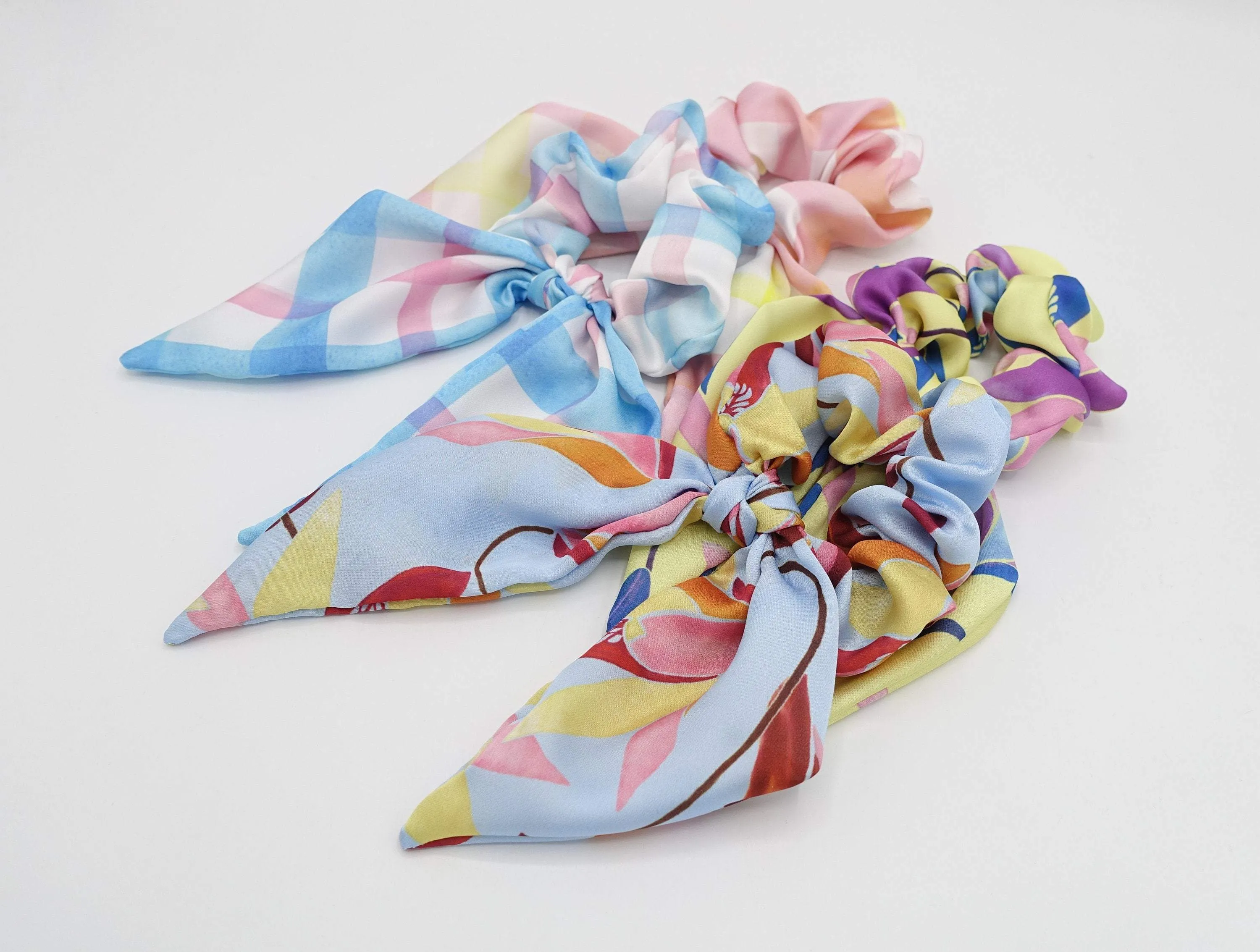 satin print bow knot scrunchies floral check hair elastic scrunchy for women