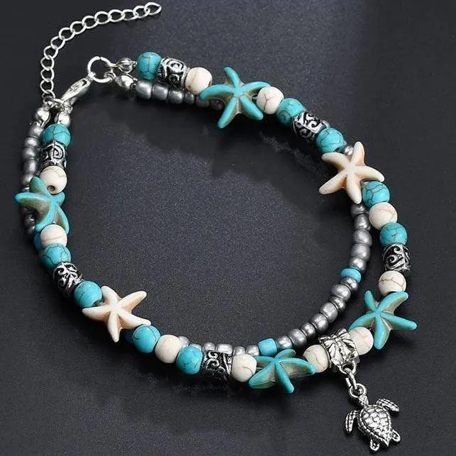 Sea Turtle & Starfish Turquoise Bead Anklet Ankle Bracelet for Woman Everyday or Beach Wear Summer Foot Accessory