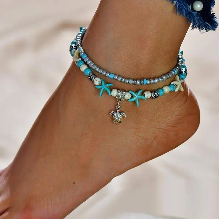 Sea Turtle & Starfish Turquoise Bead Anklet Ankle Bracelet for Woman Everyday or Beach Wear Summer Foot Accessory