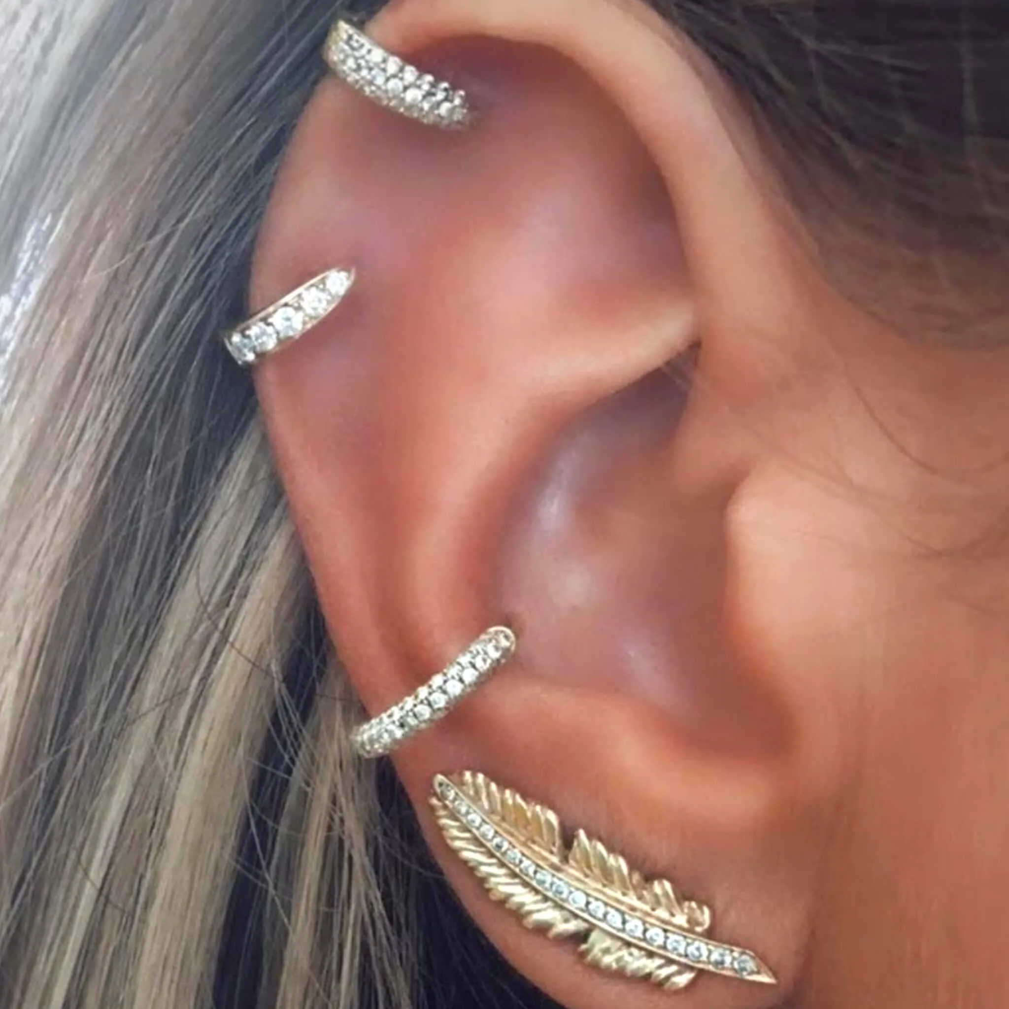 Sparkle Feather Ear Cuffs Earrings Sets