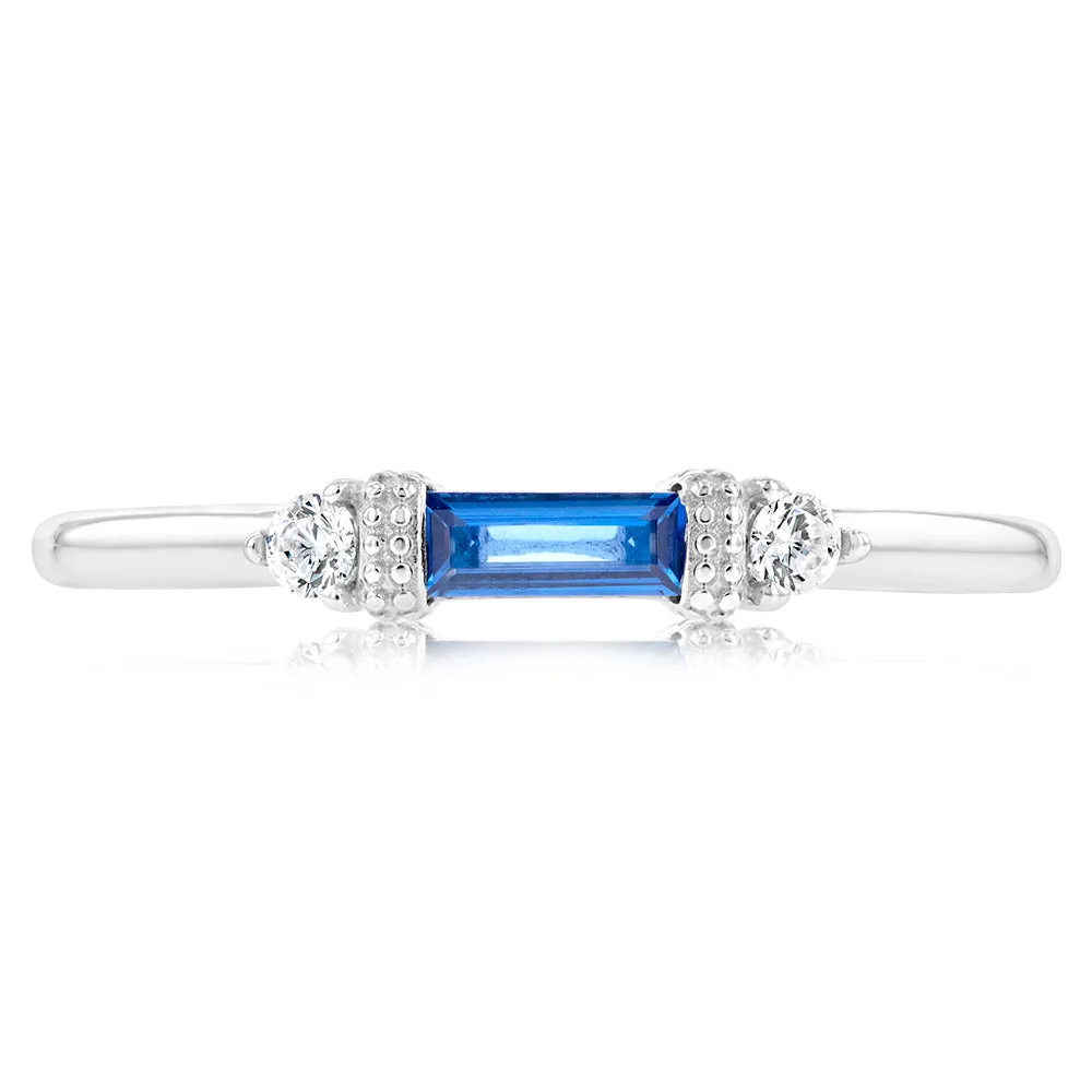 Sterling Silver Rhodium Plated Sapphire White Cubic Zirconia Ring