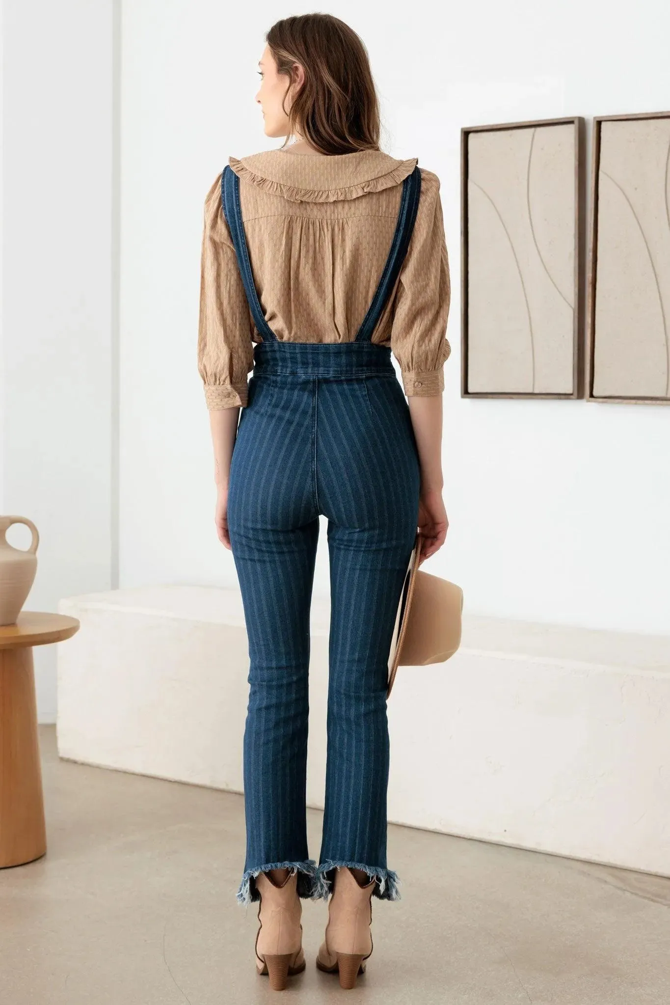 Striped Patter Stretched Suspender Denim Jumpsuit