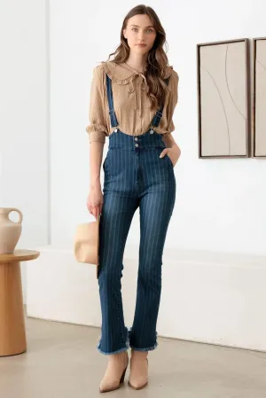 Striped Patter Stretched Suspender Denim Jumpsuit