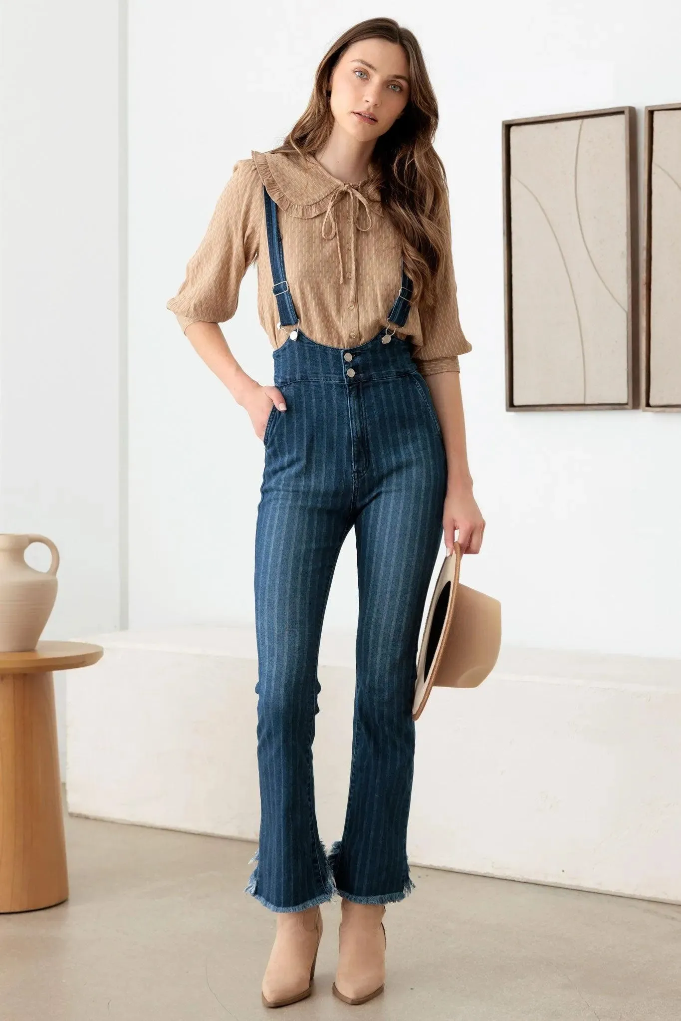 Striped Patter Stretched Suspender Denim Jumpsuit