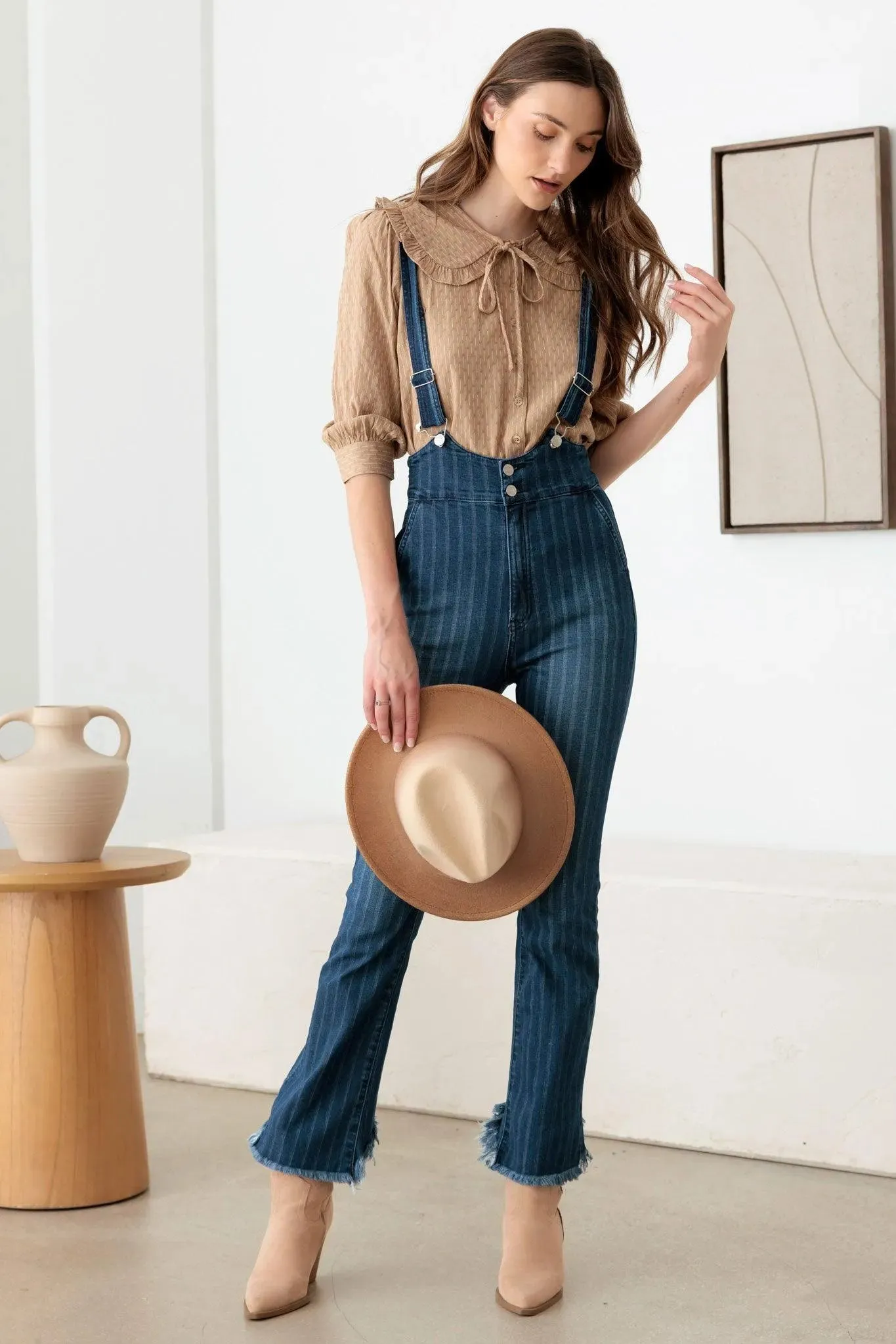 Striped Patter Stretched Suspender Denim Jumpsuit