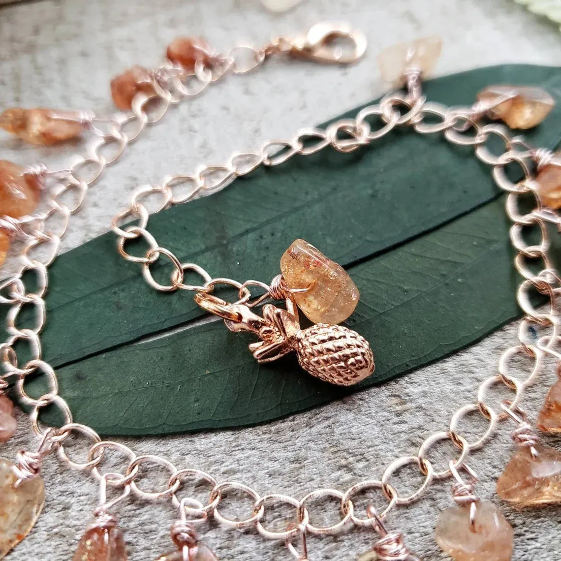 Sunstone rose gold anklet - pineapple charm