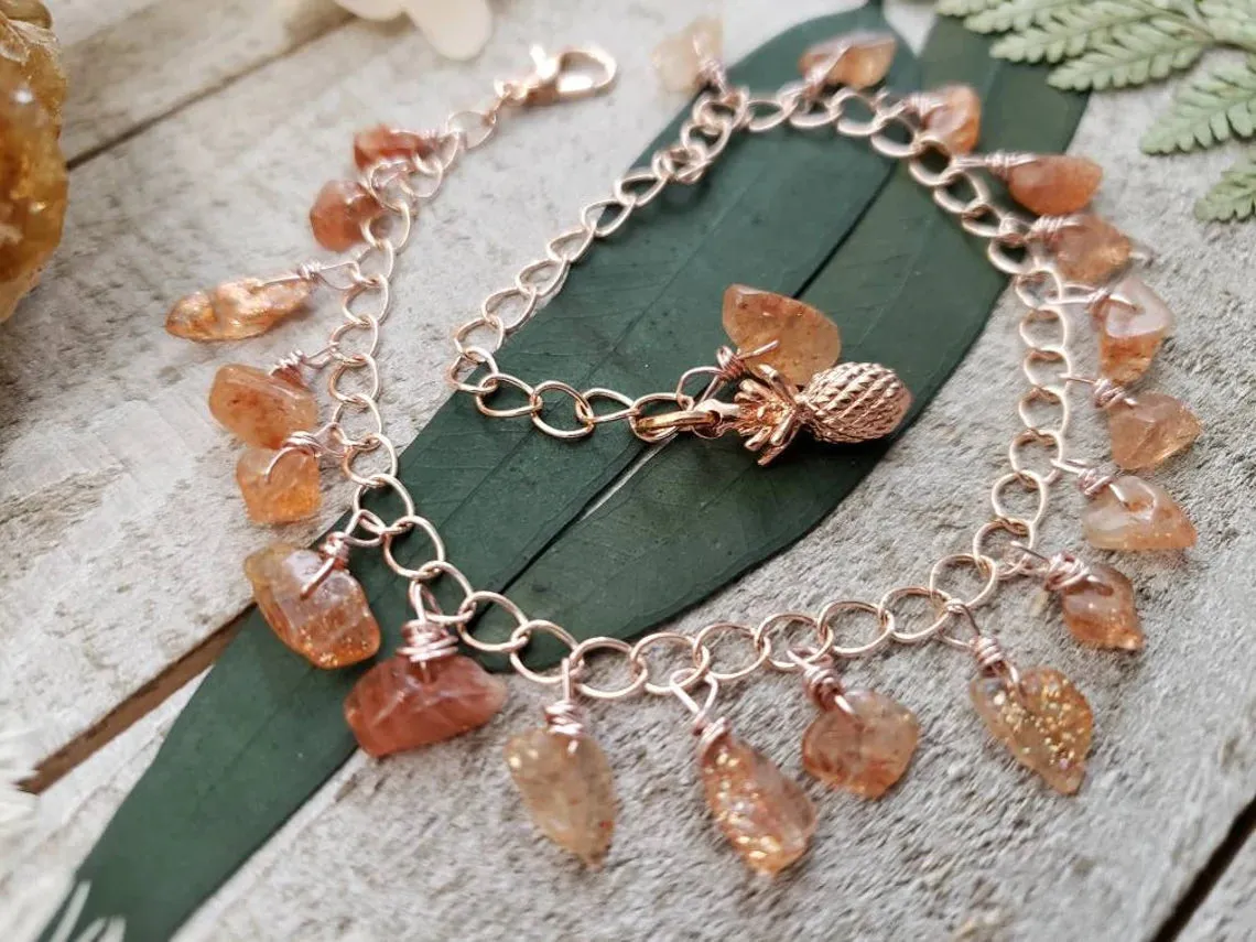 Sunstone rose gold anklet - pineapple charm