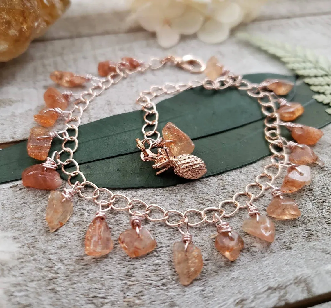 Sunstone rose gold anklet - pineapple charm