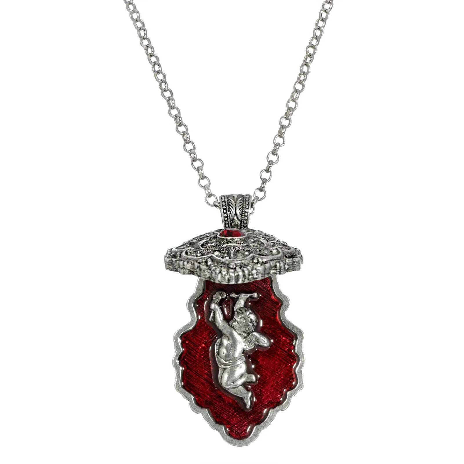 Symbols Of Faith Antiqued Pewter Red Enamel Cherub Reliquary Pendant Necklace 28"