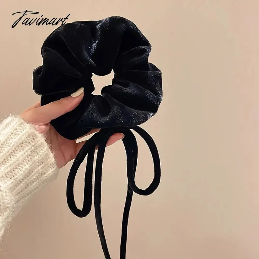 Tavimart Fashion Vintage Black Velvet Bow Hair Ribbon Scrunchie for Women Girls Long Elastic Hair Tie Headwear Female Hair Accessories