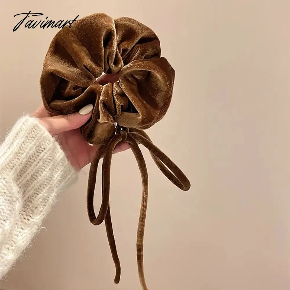 Tavimart Fashion Vintage Black Velvet Bow Hair Ribbon Scrunchie for Women Girls Long Elastic Hair Tie Headwear Female Hair Accessories