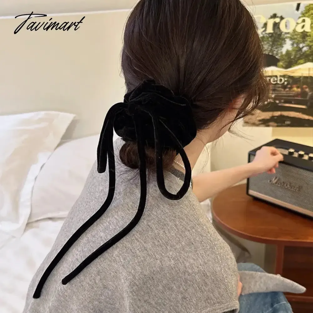 Tavimart Fashion Vintage Black Velvet Bow Hair Ribbon Scrunchie for Women Girls Long Elastic Hair Tie Headwear Female Hair Accessories