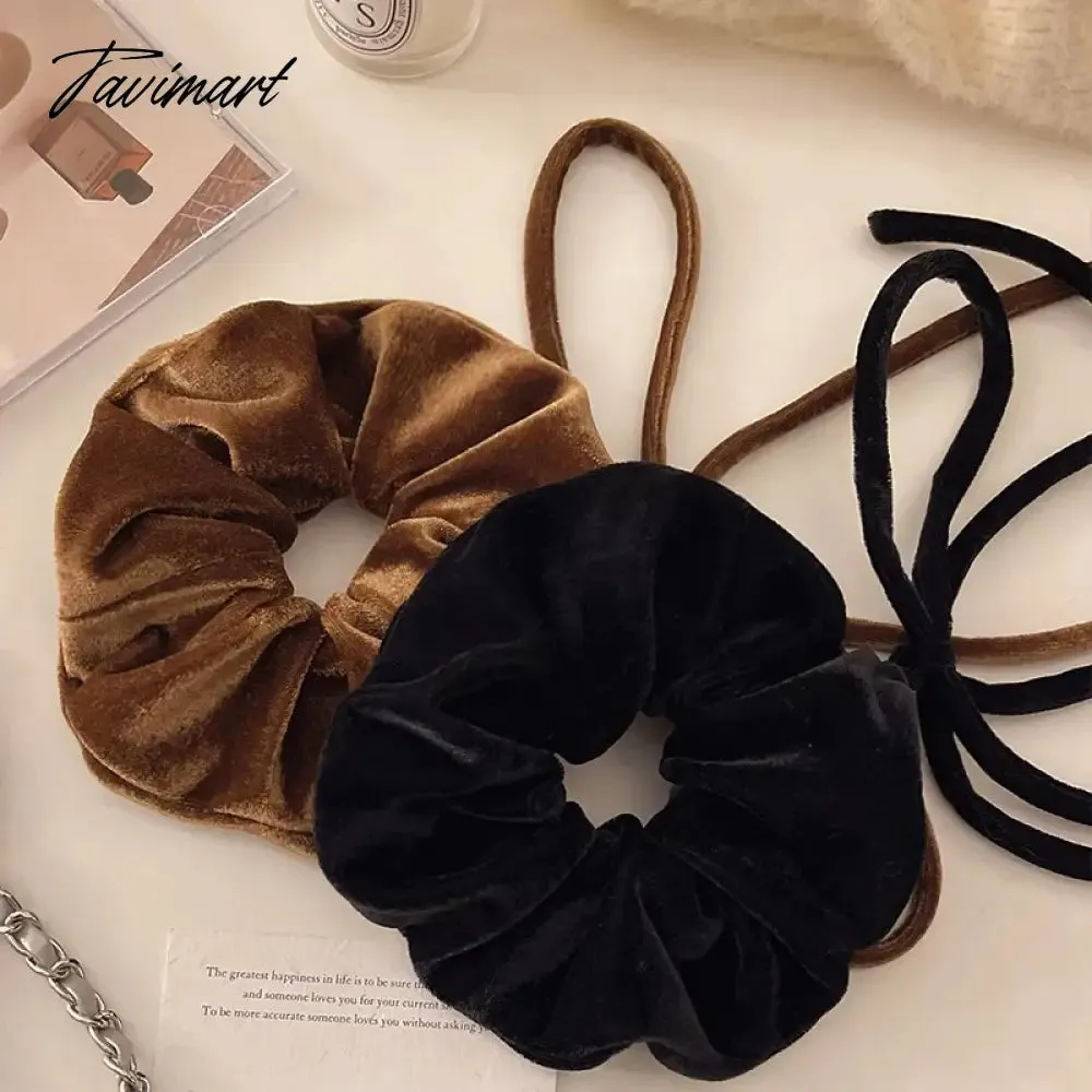 Tavimart Fashion Vintage Black Velvet Bow Hair Ribbon Scrunchie for Women Girls Long Elastic Hair Tie Headwear Female Hair Accessories