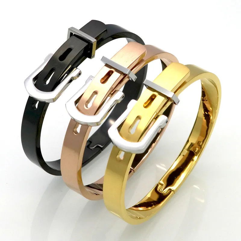 The Luxury Stylish New Fashion Men/Women Stainless Steel Bangles 18K Gold Plated Adjustable Belt Buckle Bracelets & Bangles