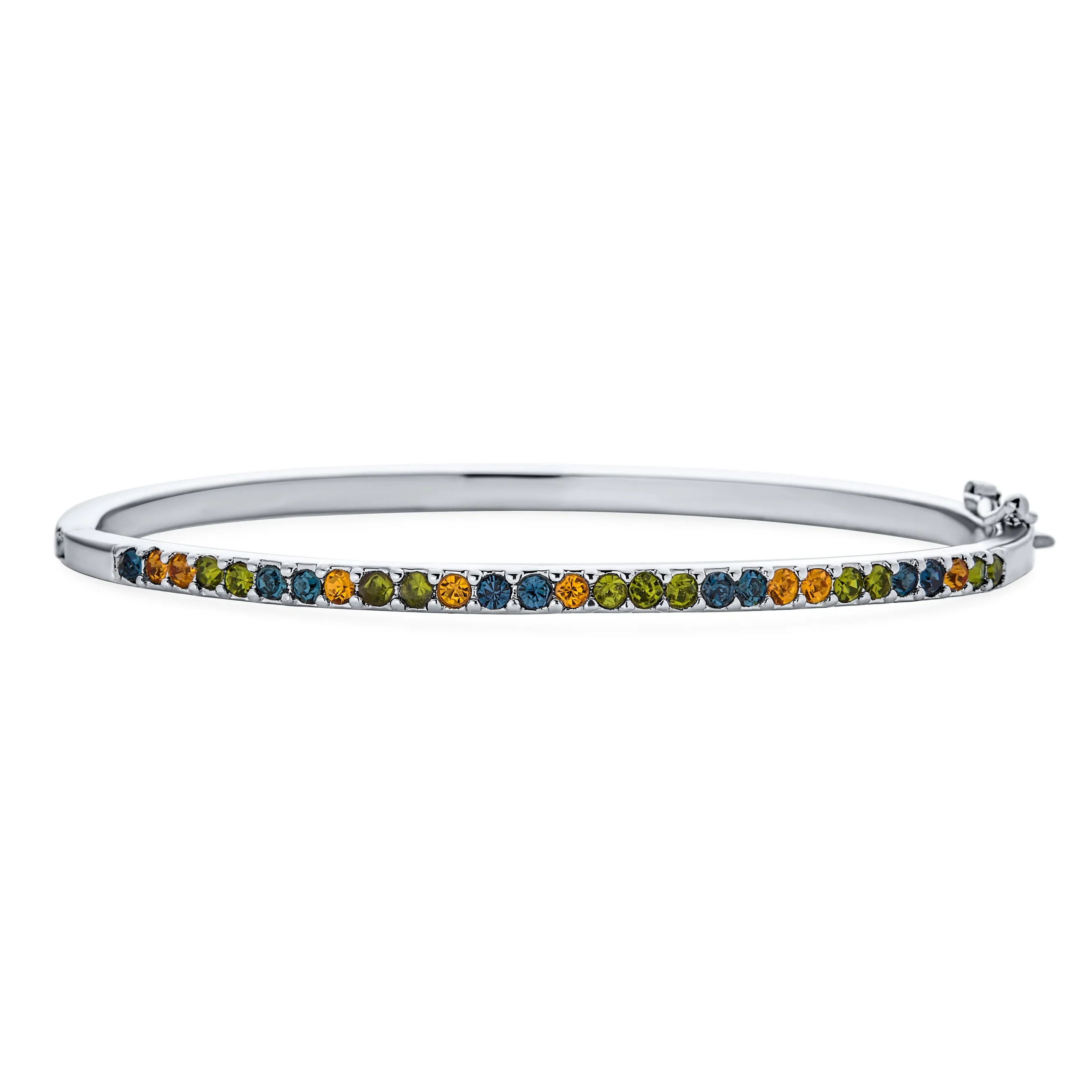 Thin Dainty Multi-Color CZ Bangle Bracelet, Silver Plated, 7-7.5 Inch