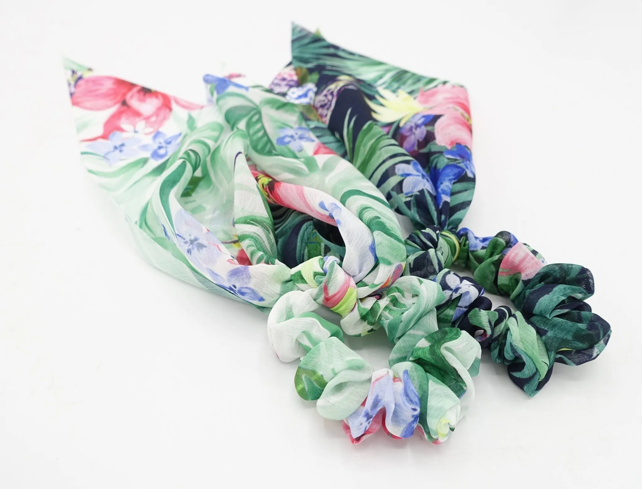 tropical colorful print chiffon tail knot scrunchies plant flower hair elastic scrunchy