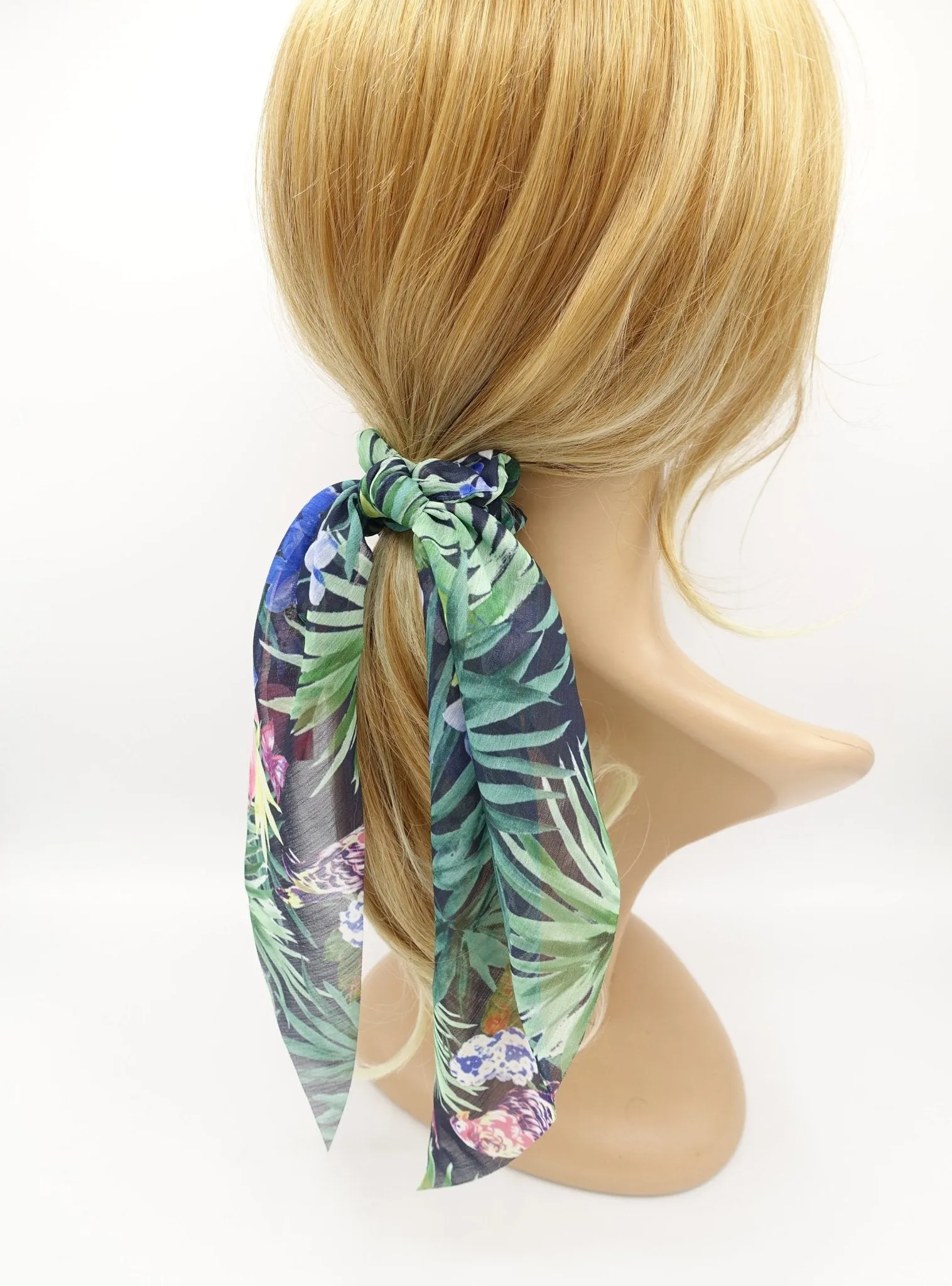 tropical colorful print chiffon tail knot scrunchies plant flower hair elastic scrunchy