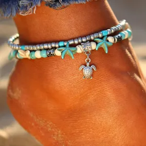 Vintage Double Beaded Turtle Starfish Boho Anklet