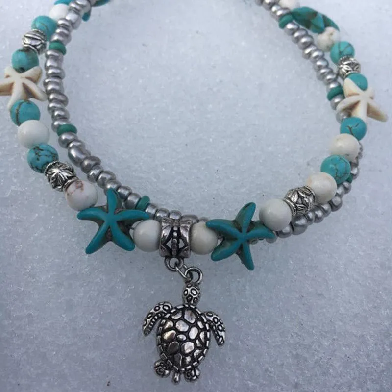 Vintage Double Beaded Turtle Starfish Boho Anklet