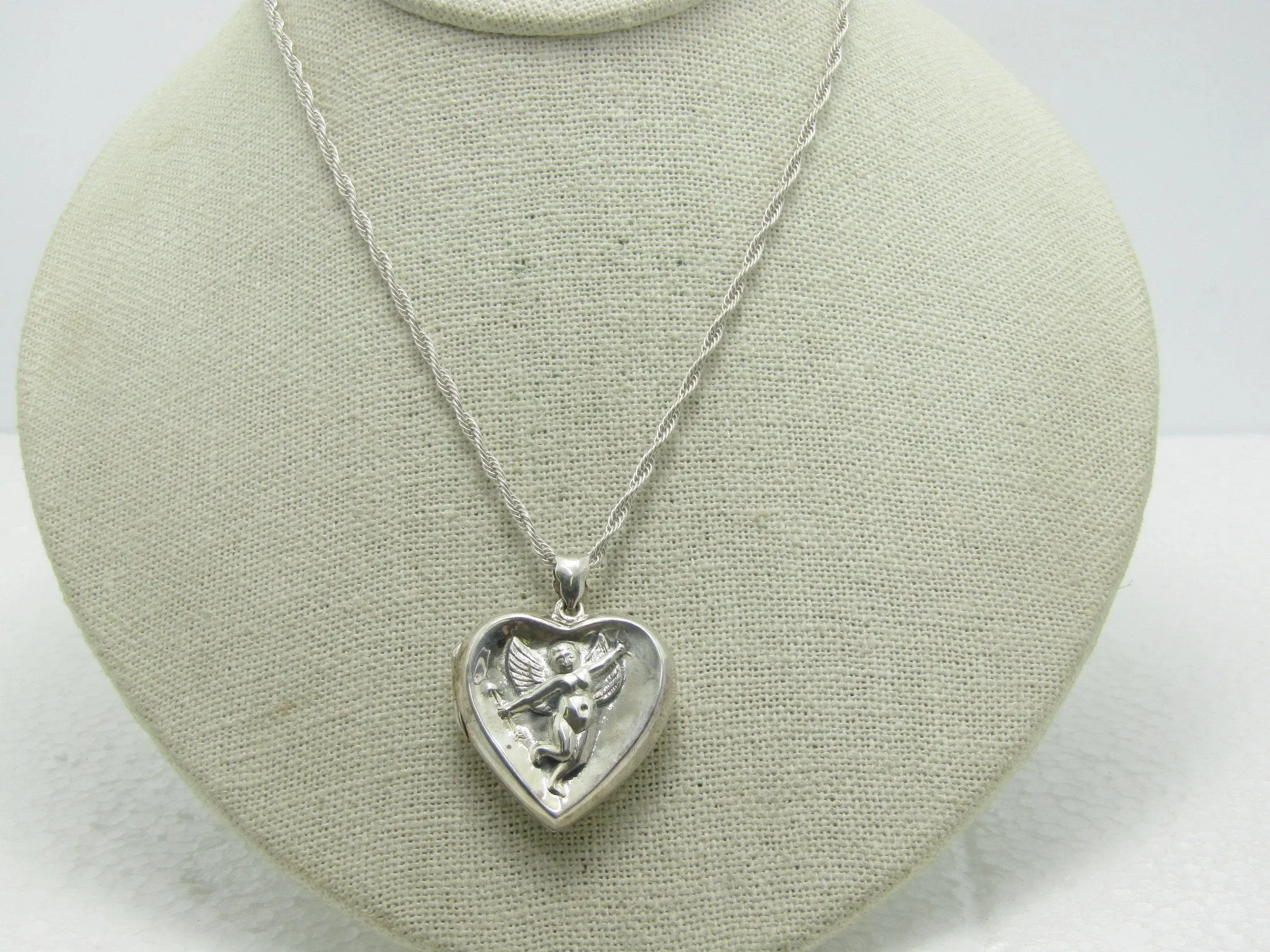 Vintage Sterling Cupid Heart Locket Necklace, 24", 13.90 grams, 1970's