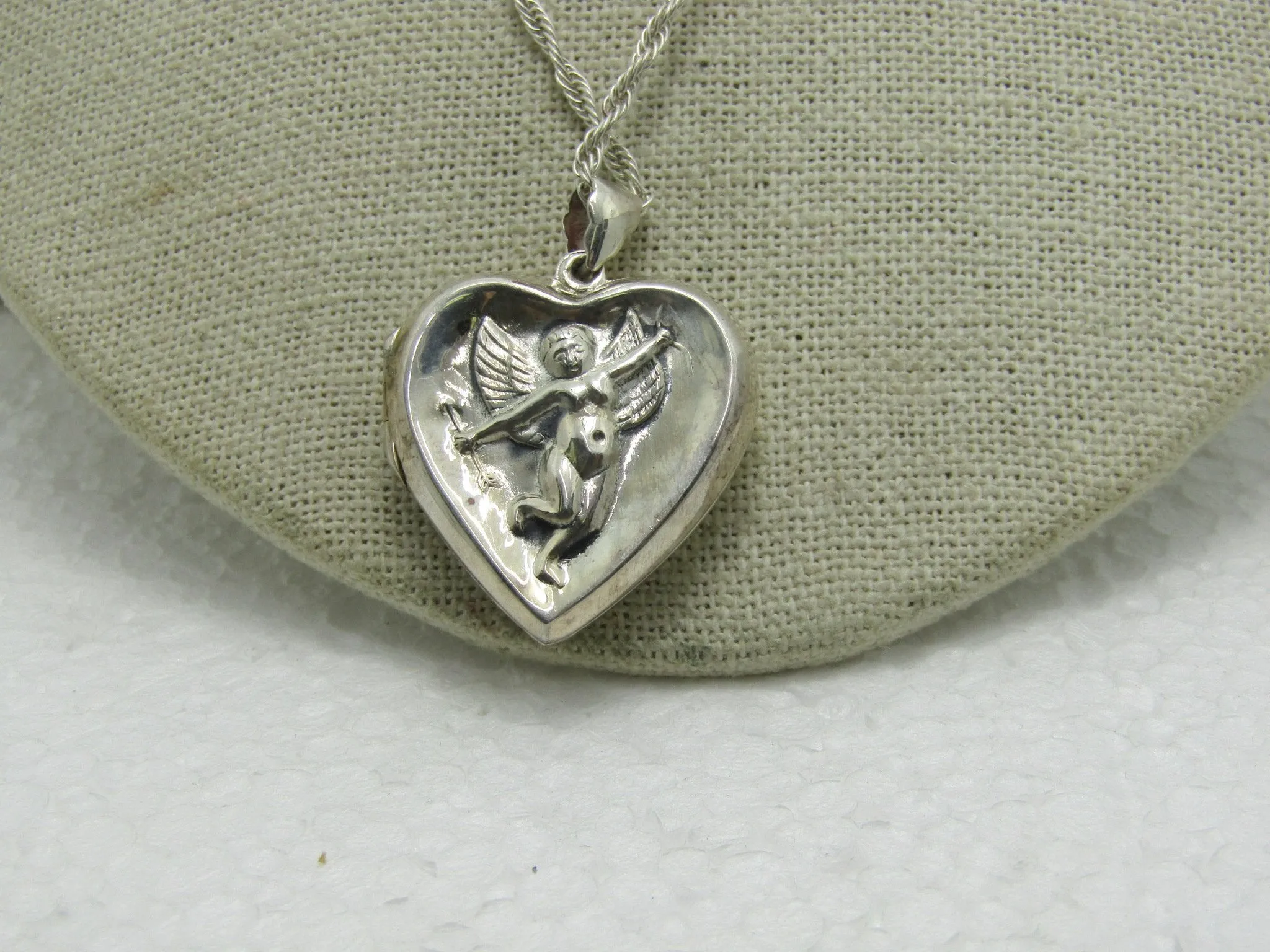 Vintage Sterling Cupid Heart Locket Necklace, 24", 13.90 grams, 1970's