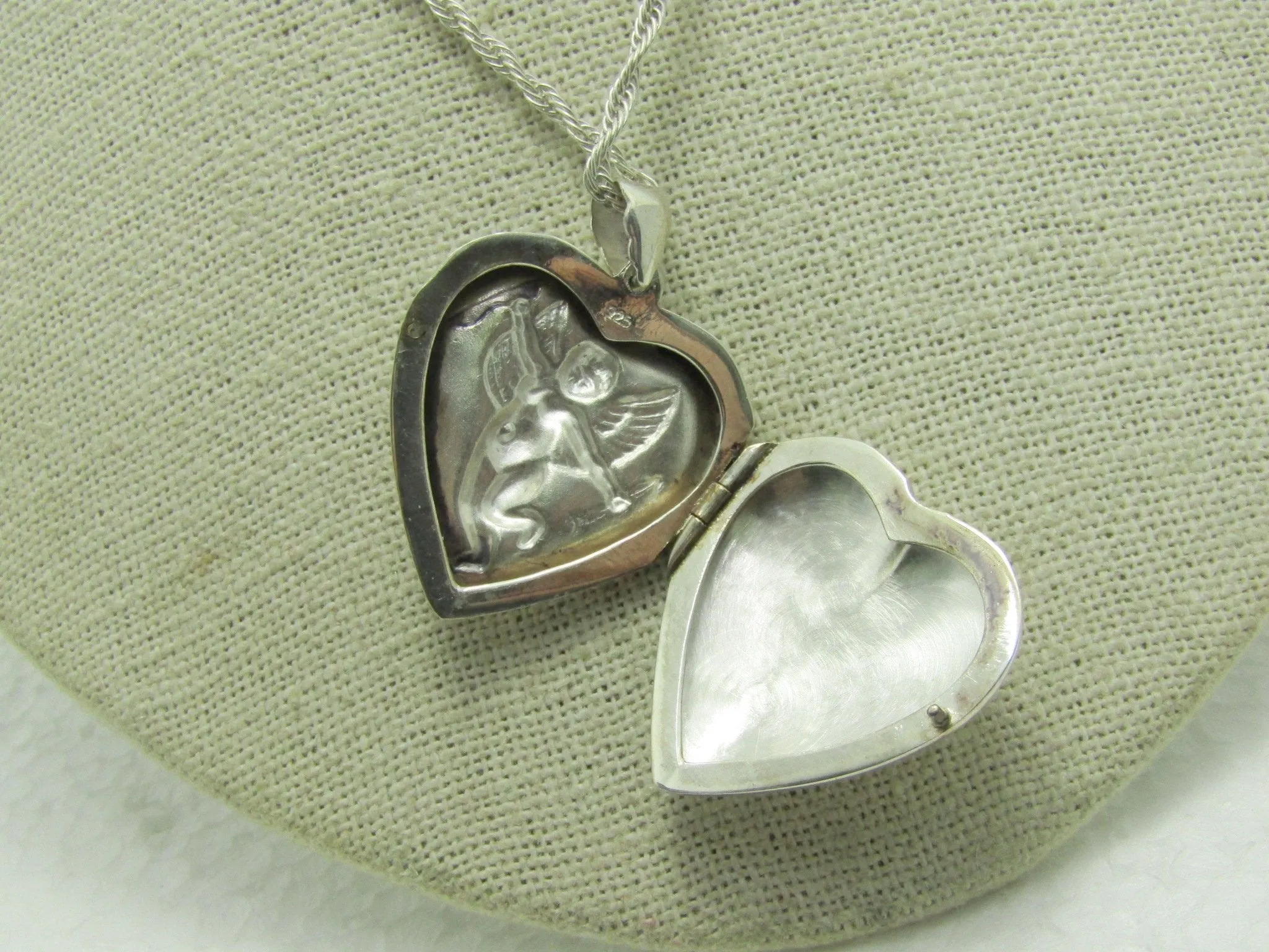 Vintage Sterling Cupid Heart Locket Necklace, 24", 13.90 grams, 1970's