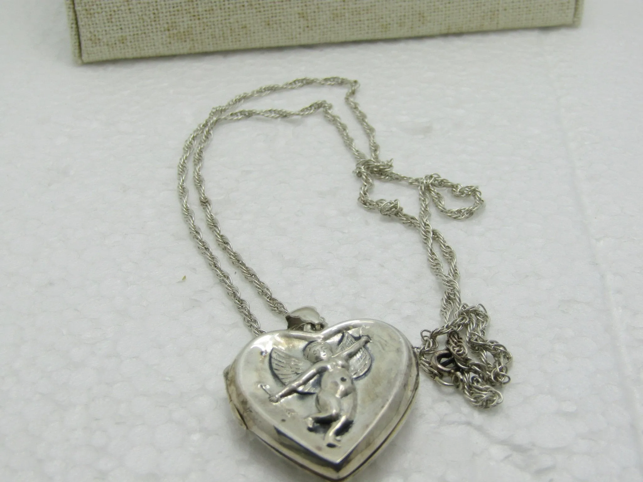 Vintage Sterling Cupid Heart Locket Necklace, 24", 13.90 grams, 1970's