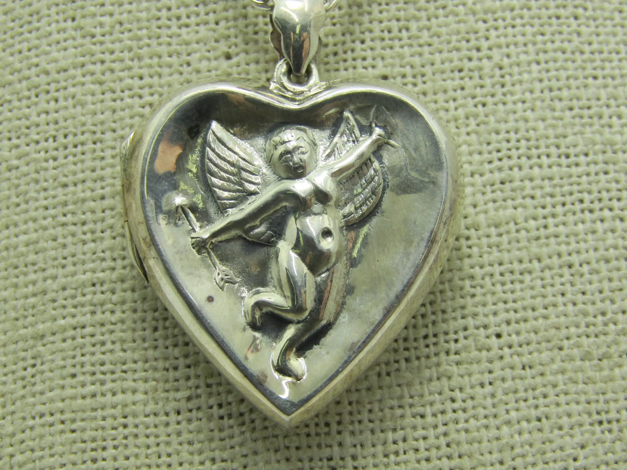 Vintage Sterling Cupid Heart Locket Necklace, 24", 13.90 grams, 1970's