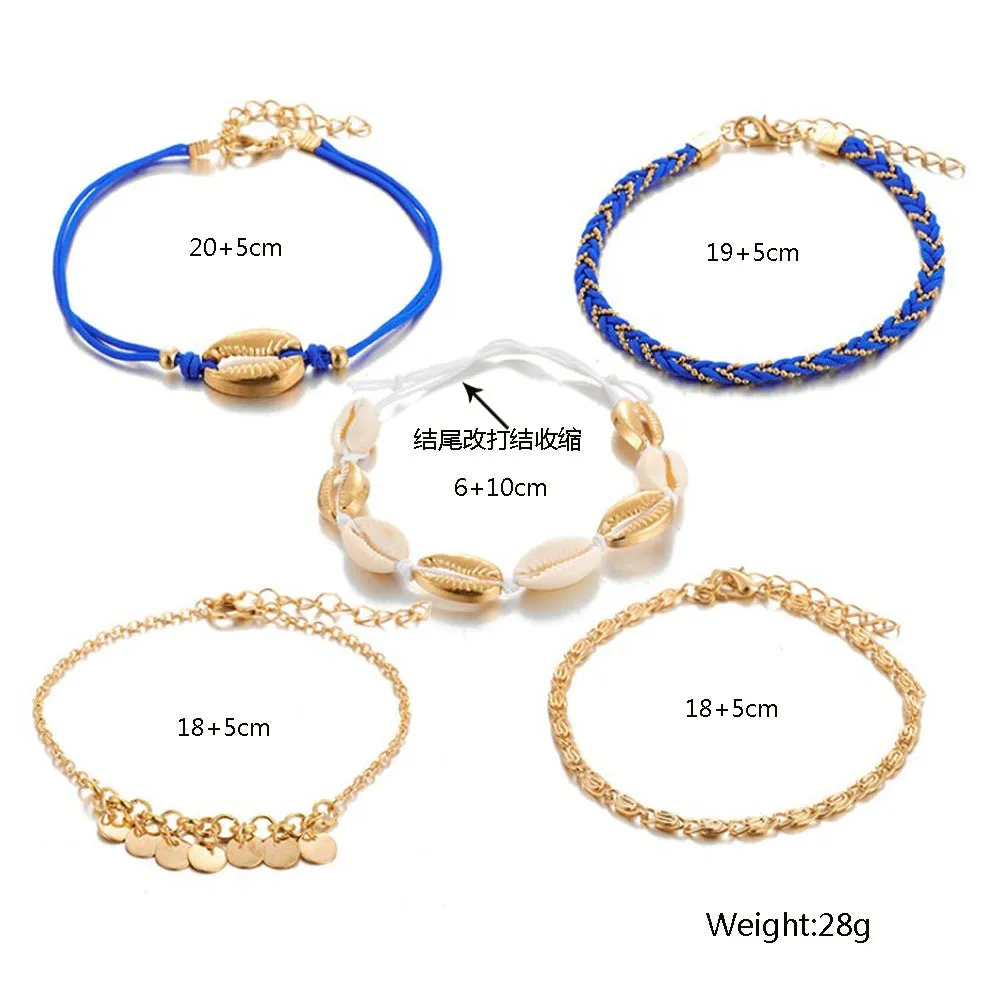 Wholesale Boho Blue Beaded Anklet 5 Piece Set JDC-AS-YeB032